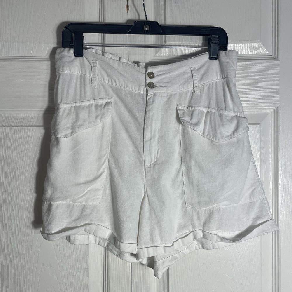 Nicole Miller NY Linen‎ Blend Shorts Women L White Elastic Waist Pockets Coastal